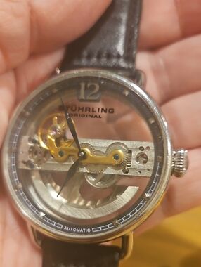 Stuhrling Original Automatic Silver Case Skeleton Watch with Gold Movement
